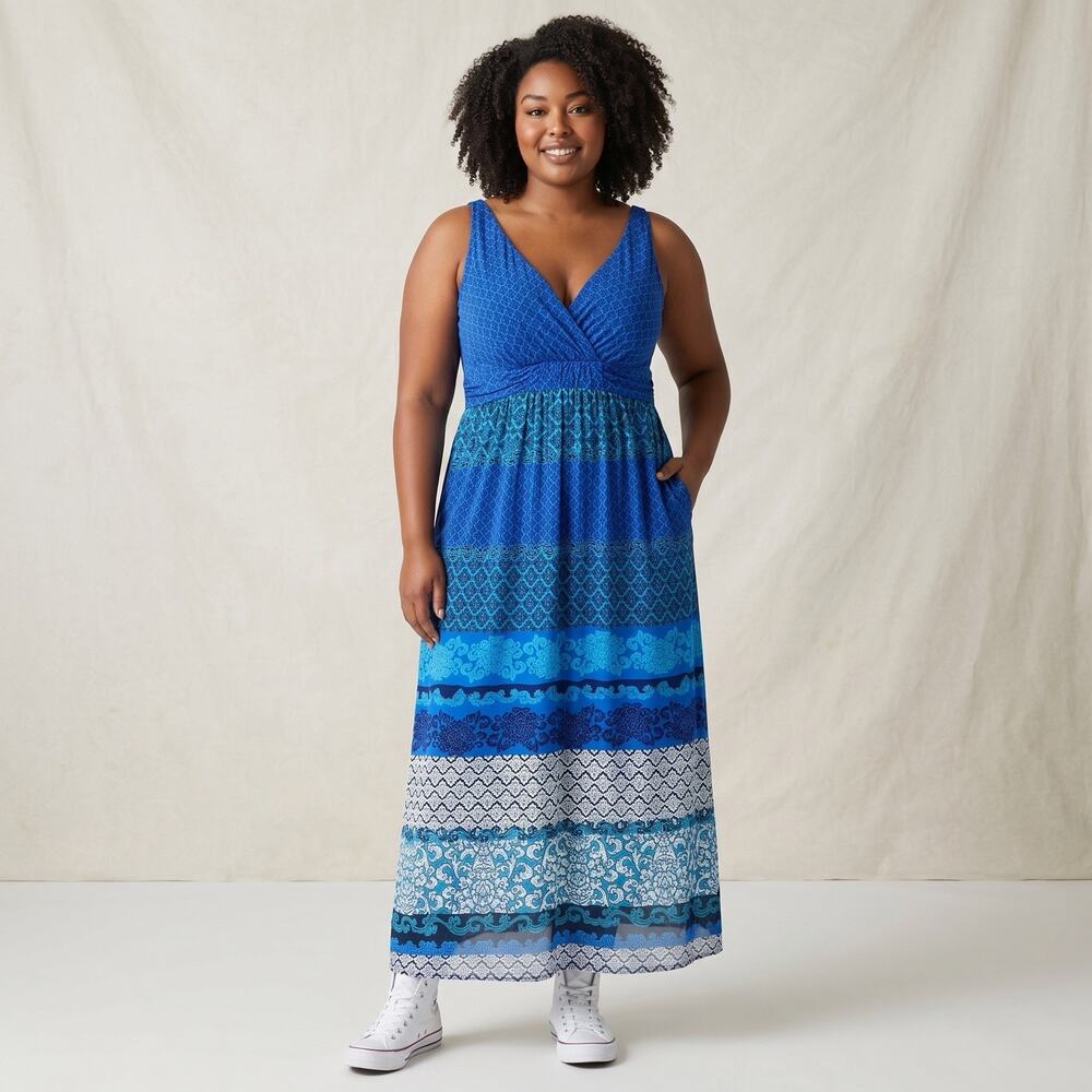 Soma Intimates Maxi Dress Vneck Blue Stretch M Bohemian Boho Hippie Travel